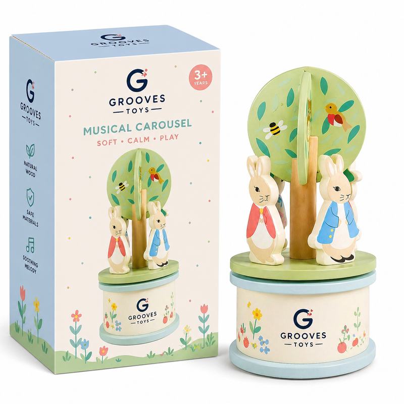 Grooves Toys™ Wooden Musical Carousel for Kids – Soft & Calm Nursery Toy (3+)