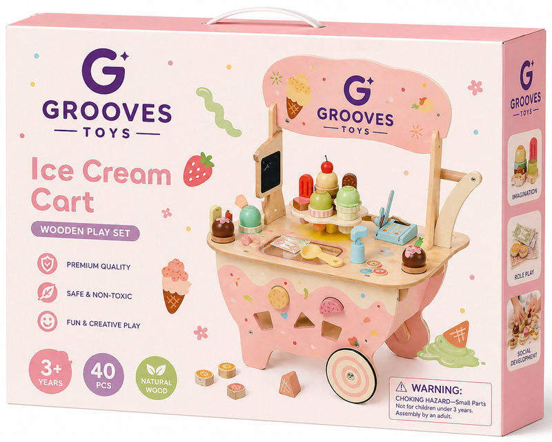Grooves Toys™ Wooden Ice Cream Cart Toy Set for Kids – Pretend Play & Educational Toy (40 PCS)